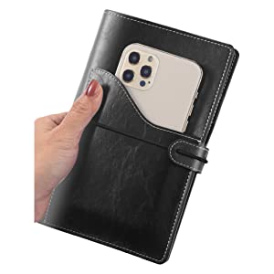 Black premium soft-touch PU leather.

Pocket in front design: You can put tickets passport and max 6.7 inch phone inside.