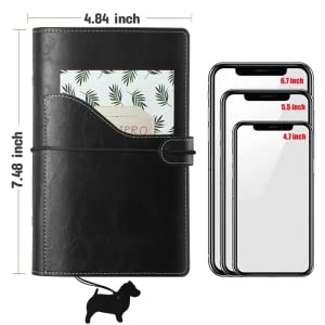 Soft-touch PU leather, Pocket in front design for tickets passport and max 6.7 inch phone.
Light-weight and personal size suit for travel, inside can hold 80-100 sheets 6-hole filler paper, budget envelope or other insert pages as your like.